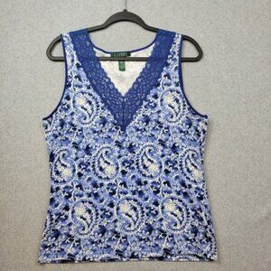 Lauren‎ Ralph Lauren Tank Top Womens Size Large Blue Paisley Lace Trim